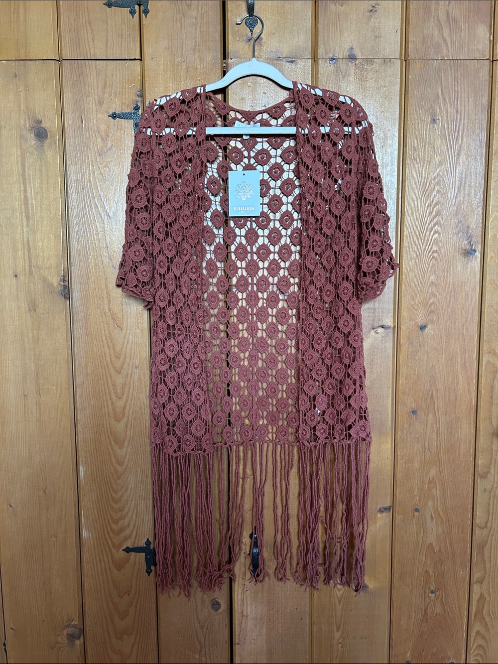 Rebellion Again Crochet Fringe Kimono - Terracotta